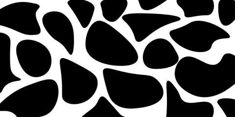 A seamless vector illustration with a black and white cat pattern and paw print silhouettes. shape, nature, leopard, coffee, symbol, foot, skin, leaf, ornament