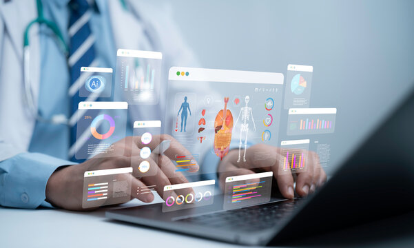 Doctor using AI technology to analyze human body health data with futuristic medical charts and digital interface, representing innovation in healthcare, hospital research and artificial intelligence