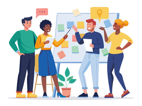 Flat design of diverse coworkers brainstorming creative ideas using sticky notes on whiteboard