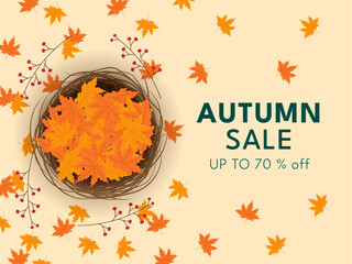 Hello Autumn or Thanksgiving Season sale banner, poster, web header or invitation design vector illustration.