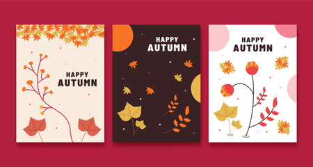 set of three Hello Autumn or Thanksgiving Season banner, poster, web header design vector illustration.
