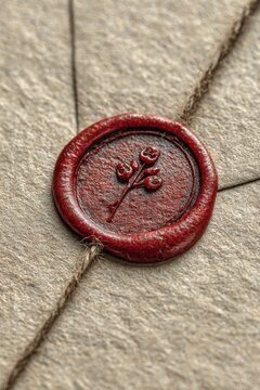 Close-up of a red wax seal with a floral design on a vintage-looking envelope