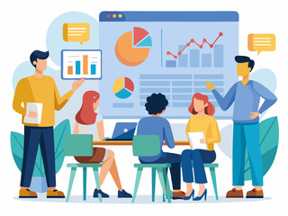 Group of young professionals attending business training session with graphs and data board