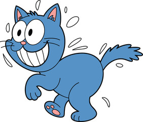 Cartoon blue cat, running pose, big eyes, toothy smile, pink ears, playful character, vector illustration, motion lines, energetic animal design