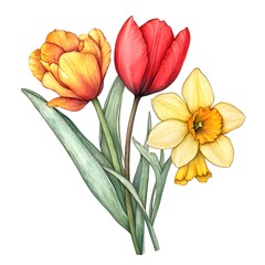 Obraz premium Watercolor painting of a red tulip and yellow daffodil flower bouquet,