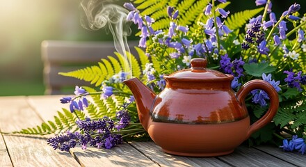 Steaming Teapot with Garden Flowers.