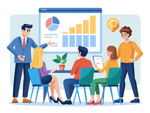 Group of young professionals attending business training session with graphs