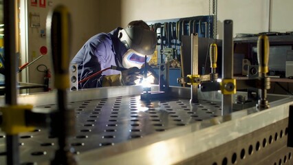 Technician performing precision welding in workshop. Clean metal table setup with industrial clamps. Great for concepts of manufacturing, engineering, and craftsmanship.