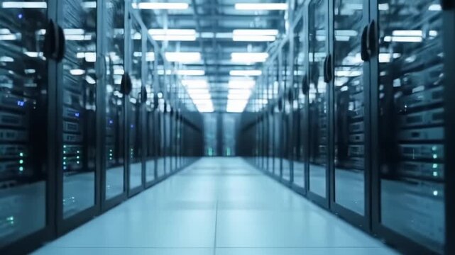 A Dedicated Data Center: Inside the Modern Infrastructure of Cloud Computing, Showcasing Rows of Servers and High-Tech Equipment in a Dimly Lit Environment