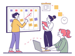 Illustration of marketing team planning campaign using whiteboard charts and sticky note board