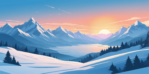White snowy mountain peaks and alpine forest in a cold winter landscape