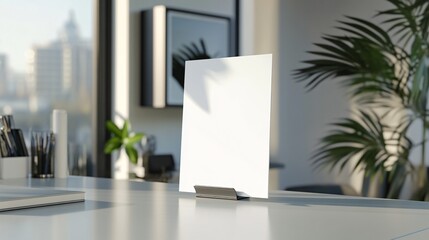 White blank canvas on desk with plant and city view in background.