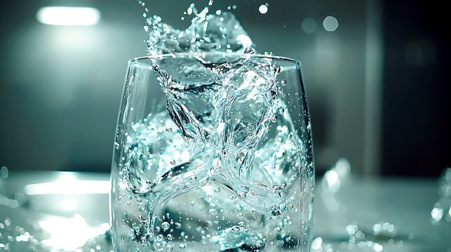 Clear glass of sparkling water with bubbles in 4K, 50mm macro at f6.3, focus on rising bubble column with bright daylight and crisp rim detail