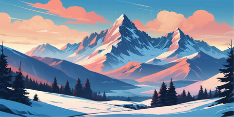 A panoramic view of a snow-covered alpine mountain landscape with a ski resort under a cold winter sky