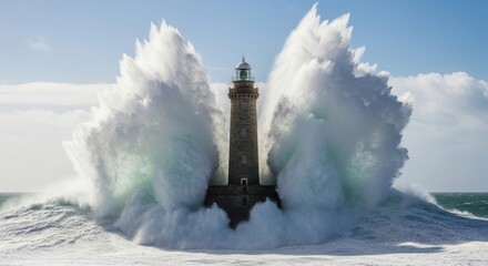 Powerful ocean waves crashing against a solitary lighthouse on a sunny day