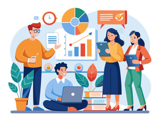 Manager leading brainstorming session with young professionals using charts