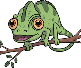 Cartoon chameleon, vector reptile, smiling lizard, tree branch, kids illustration, green animal, curled tail, expressive eyes, jungle character, educational clipart