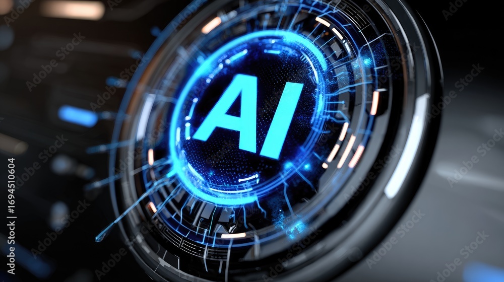 Poster a close-up of a futuristic ai button glowing in bright blue, representing advanced technology and in
