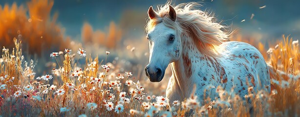 A beautiful horse in a blooming meadow.