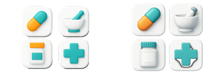 3D medical icon set with capsule pill, mortar and pestle, medicine bottle, and pharmacy cross symbol for healthcare and pharmaceutical design
