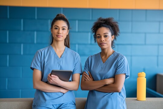 Confident young nurses standing together in modern hospital hallway. Diverse medical professionals in scrubs with tablet and arms crossed - Powered by Adobe
