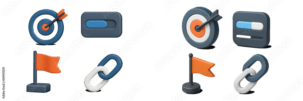 Poster 3d business icon set with target, link, flag, and switch symbols for user interface design and marke