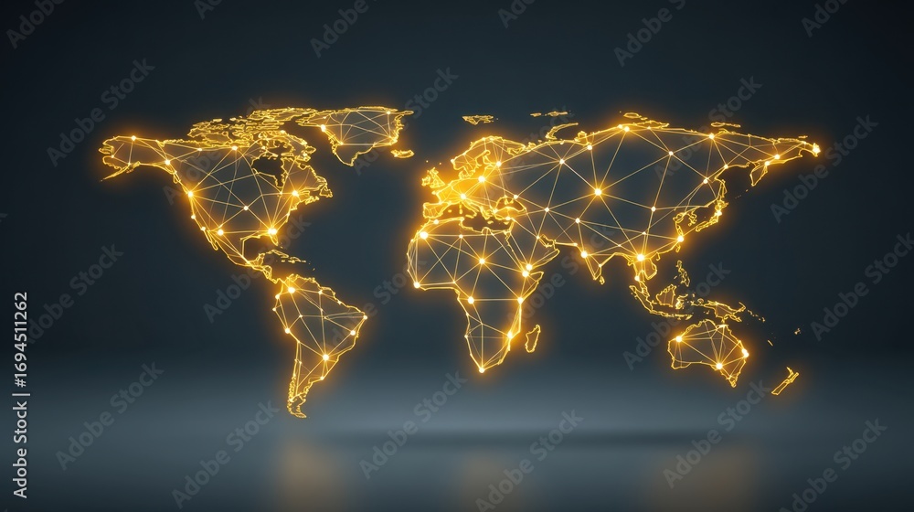 Poster global network map with bright illuminated lines and nodes depicting digital connections across cont