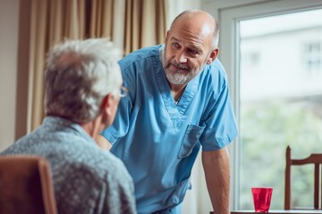 Caring male nurse or doctor talking with senior patient at home or assisted living facility. Compassionate healthcare worker providing emotional support and medical guidance