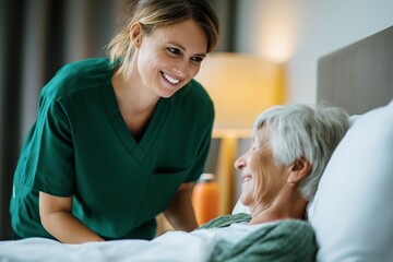 Smiling young nurse caring for elderly woman in bed at healthcare facility or home. Compassionate female caregiver providing support and emotional connection in medical setting.