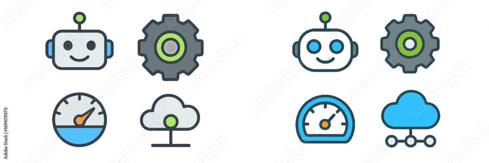 Aufkleber technology and automation icon set with robot head, gear, speedometer, and cloud computing symbols i
