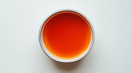 Aerial view of orange liquid in a white bowl on a white background flatlay