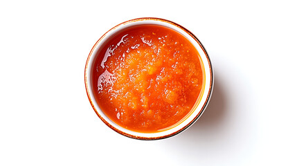 Close up top view of a bowl with orange colored jam on white background