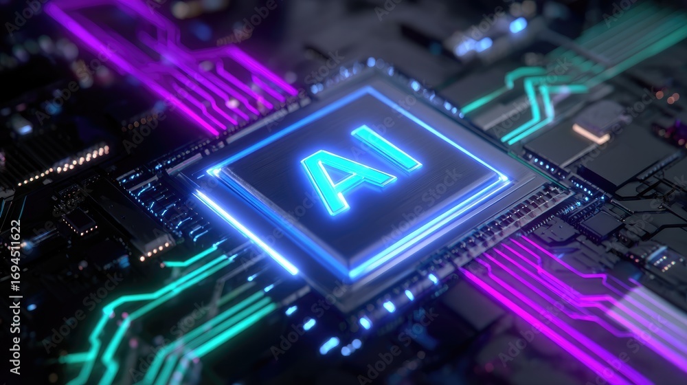 Poster a close-up view of a microchip with the ai symbol illuminated