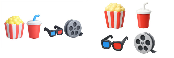 Cinema and movie night icon set with popcorn, soda drink, 3d glasses, and film reel for entertainment concepts