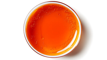 Aerial view of orange liquid in a clear bowl on a white background shot