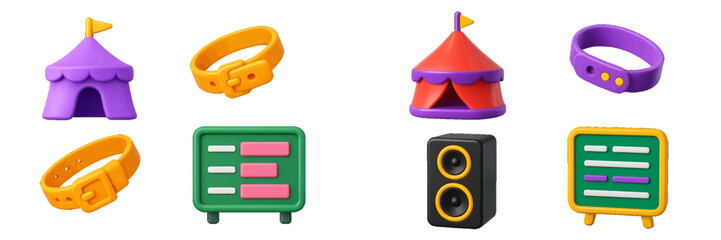 Set of 3D event and festival icons including circus tent, wristband, speaker, and schedule board for entertainment and music concepts