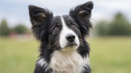 Fototapeta premium Close-Up Portrait of a Playful Border Collie in a Green Field with Blurred Background, Capturing a Joyful Canine Expression and Natural Beauty