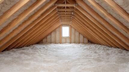 Empty attic space with wooden beams and insulation, showcasing clean and spacious design for renovation or storage in residential property