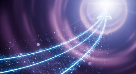 Abstract digital network lines forming arrow upwards on swirling purple background, concept for business growth, technological innovation and data visualization