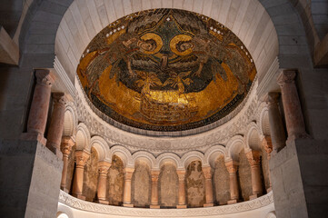 Close-up of the unique Byzantine mosaic in the Oratory at Germigny-des-Prés, France, depicting the...