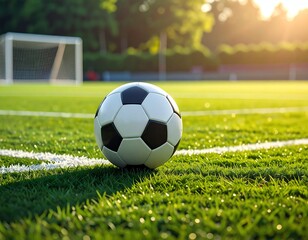 Close-up of a soccer ball on green field.