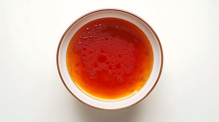 A top view of a bowl filled with orange liquid on a white surface