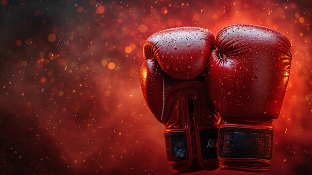 Two Red Boxing Gloves with Water Droplets and Bokeh Lights