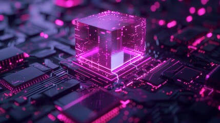 Detailed close up of a radiant purple microchip integrated into a complex circuit board design