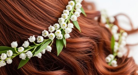 Naklejka premium Delicate Lily of the Valley Flower Crown Adorning Rich Auburn Hair