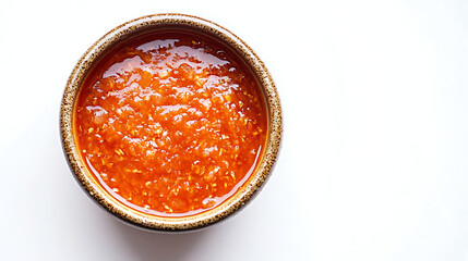 Close up of a bowl filled with orange sauce on a white surface view