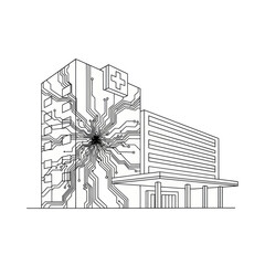 Modern Hospital Building with Circuit Board Design.