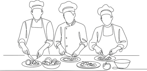 Three chefs preparing food together in a kitchen line art sketch style