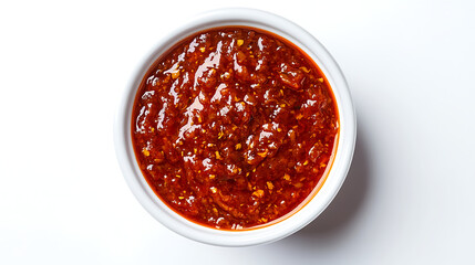 A bowl of red chili sauce on a white background shot from above view