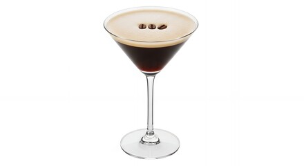 Elegant espresso martini in a clear glass, topped with three coffee beans on white background. Concept for cocktail menu, cafe promotion and bar advertising